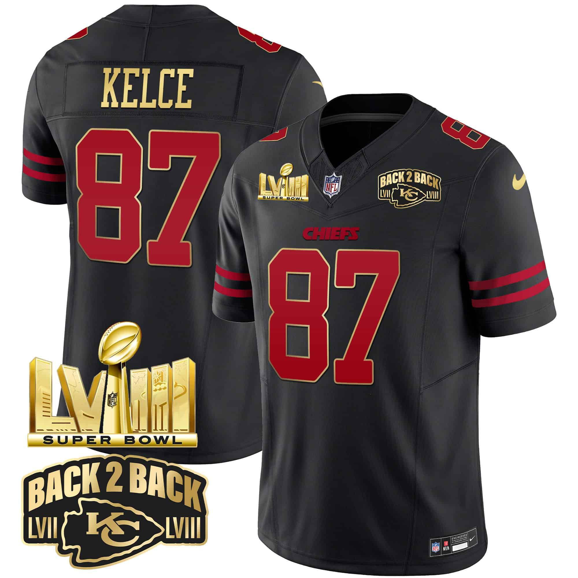 Men Kansas City Chiefs #87 Kelce Black 2024 Nike Super Bowl LVIII & Back-2-Back Gold Patch Vapor NFL Jersey style 1->indianapolis colts->NFL Jersey